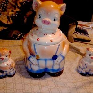 Pig in overalls cookie jar, salt&peppershakers &sugar pig- Lorraine Elam